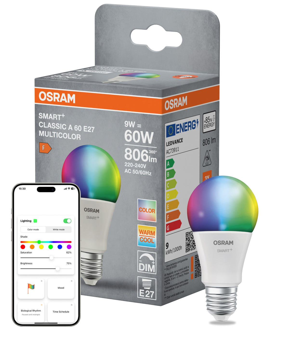OSRAM SMART+ Matter A60-lampform E27 9W WiFi RGBW-färger