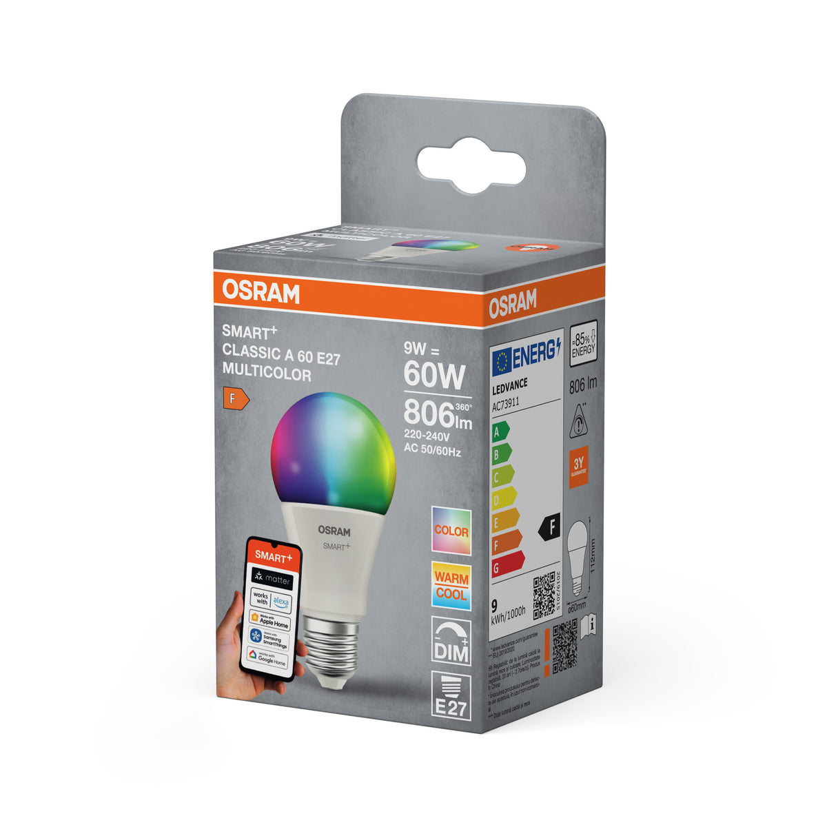 OSRAM SMART+ Matter A60-lampform E27 9W WiFi RGBW-färger