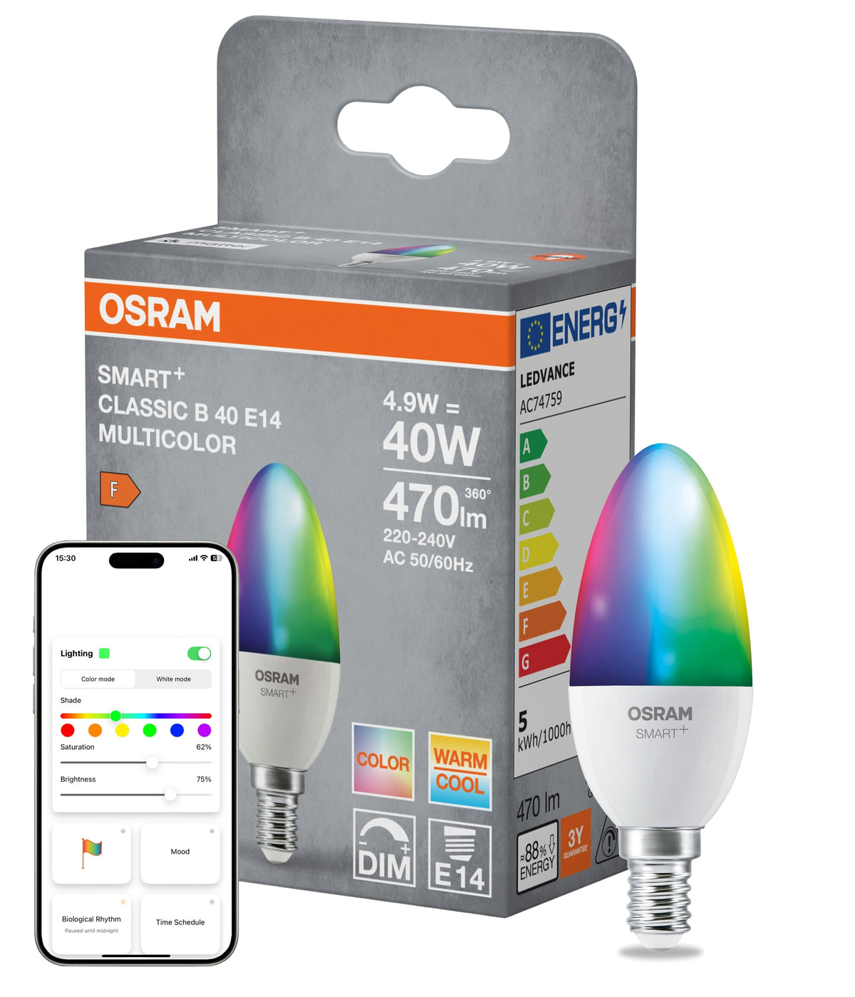 OSRAM SMART+ Matter B40 kronljus E14 4,9W WiFi RGBW-färger