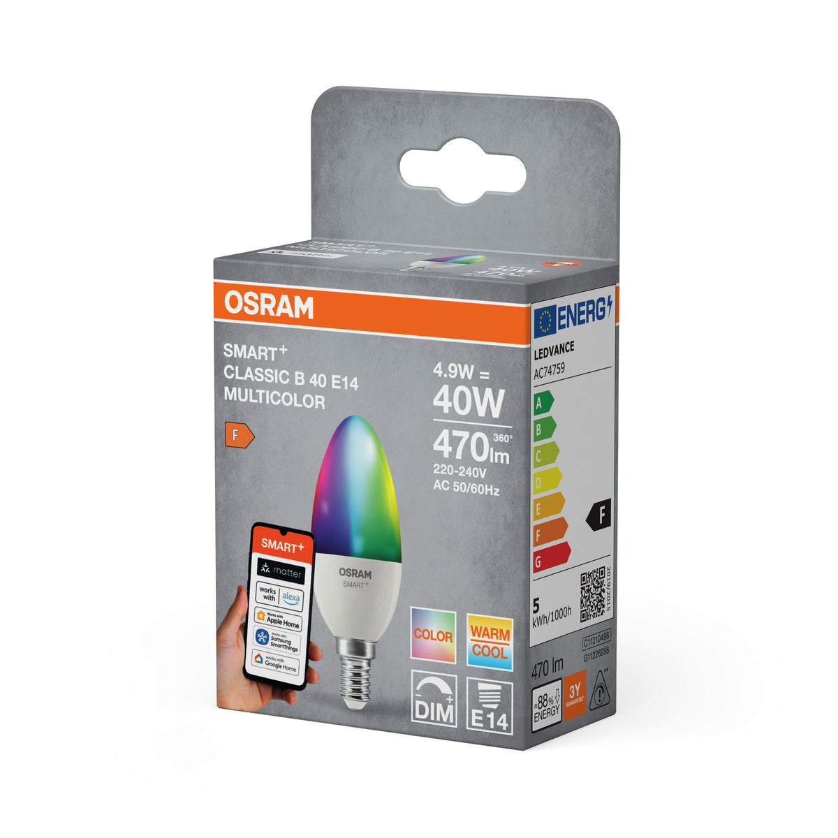 OSRAM SMART+ Matter B40 kronljus E14 4,9W WiFi RGBW-färger