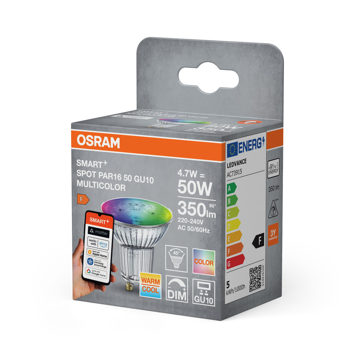 OSRAM SMART+ Matter Spot PAR16 GU10 4,7W WiFi RGBW-färger
