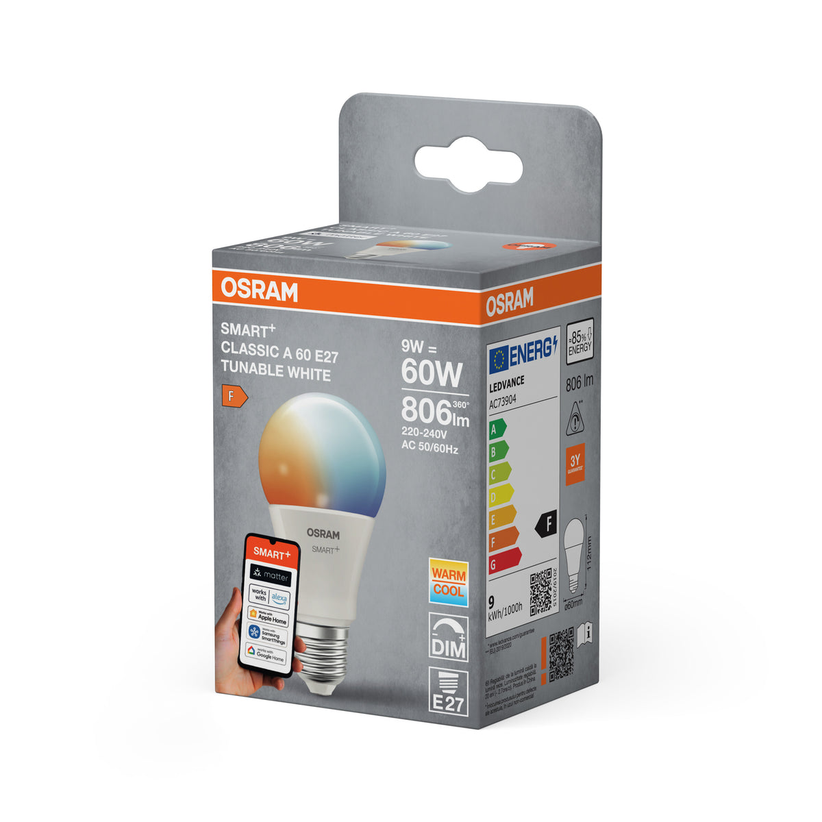 OSRAM SMART+ Matter A60-lampform E27 9W WiFi Justerbar Vit