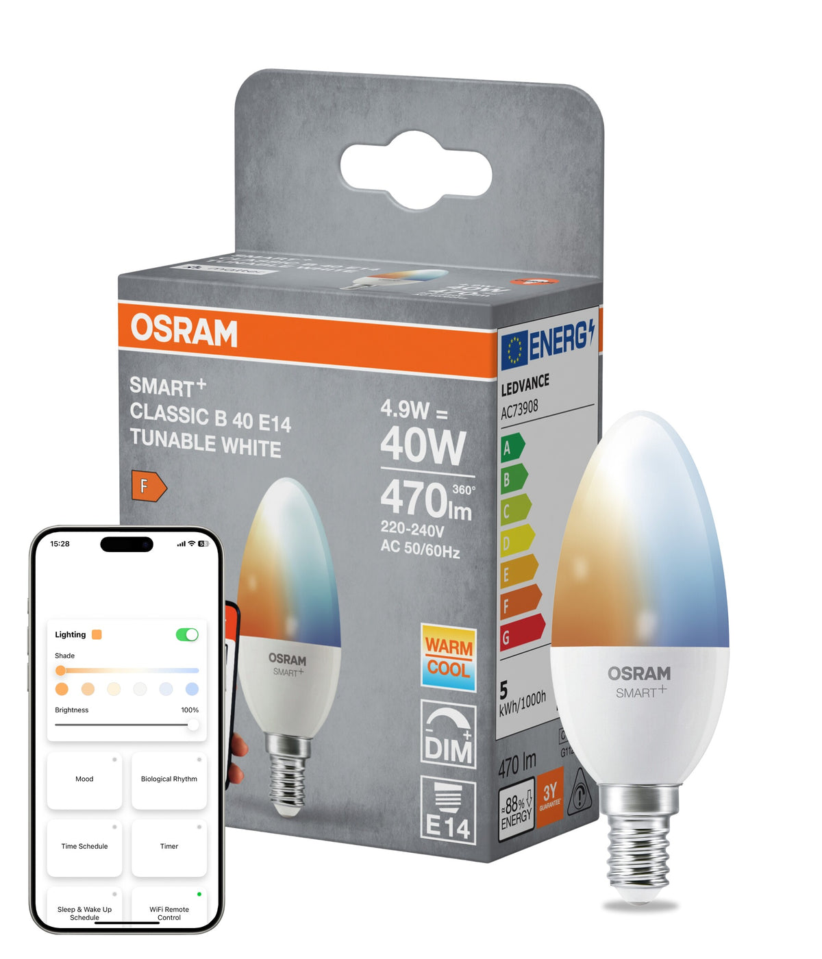 OSRAM SMART+ Matter B40 kronljus E14 4,9W WiFi Justerbar Vit