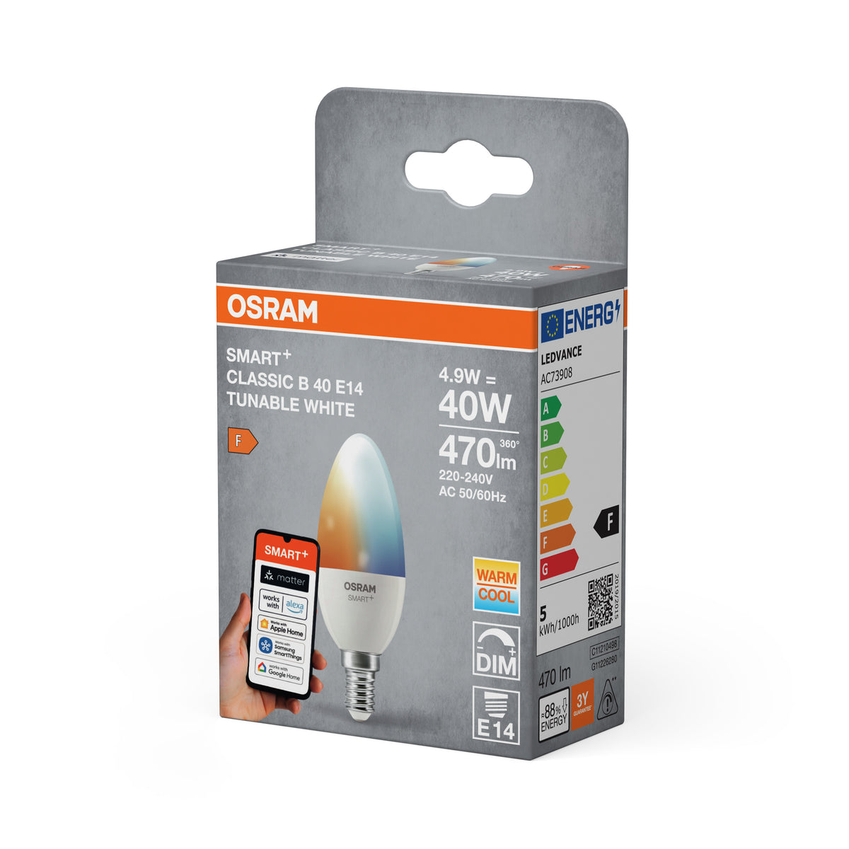OSRAM SMART+ Matter B40 kronljus E14 4,9W WiFi Justerbar Vit
